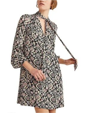 Boden Floral Paisley Tie Neck Dress Peasant Sleeves Black White Retro 70s Boho 6